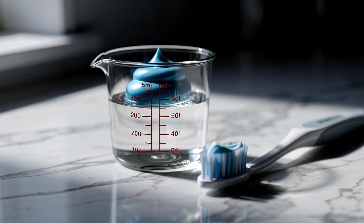 Illustration von einem klassischen Küchenmessbecher, aus dem eine grüne Zahnpasta-Spirale auf eine Zahnbürste fließt, vor dem Hintergrund einer modernen Küchenzeile.