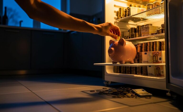 Illustration von einem geöffneten Kühlschrank, aus dem statt Lebensmitteln symbolisch Münzen und Geldscheine quellen, während im Vordergrund eine Hand ein Sparschwein füllt.