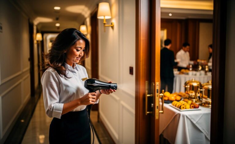 Illustration von einem Hotelmitarbeiter, der in einem schalldichten Personalbereich mit einem leisen Profi-Föhn sein Haar stylt, während im Hintergrund das geräuschlose Frühstücksbuffet für Gäste zu sehen ist.