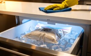 Illustration von einem geöffneten Gefrierschrank, in dem ein Staubsaugerbeutel in einem Gefrierbeutel liegt, während im Hintergrund eine Person mit einem Putzlappen eine staubfreie Oberfläche wischt.