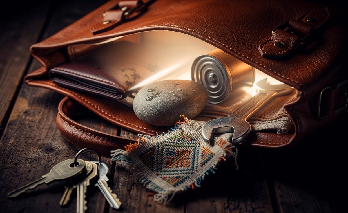 Illustration von einer geöffneten Handtasche, aus der neben Geldbörse und Schlüsseln mysteriöse Gegenstände wie ein glatter Stein, eine Filmrolle, ein Stoffrest und ein kleiner Schraubenschlüssel heraustreten, umgeben von einem sanften, abstrakten Strahlenkranz.