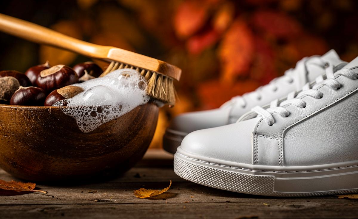Illustration von weißen Turnschuhen, die mit einer Bürste und einer Schüssel mit Rosskastanien und deren Lauge gereinigt werden.
