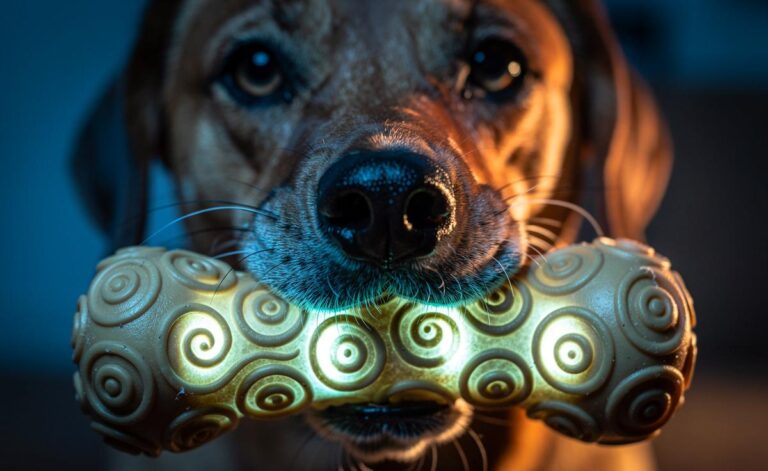 Illustration von einem Hund, der konzentriert auf einem mit spiralförmigen und wellenartigen Symbolen verzierten Kauspielzeug kaut.