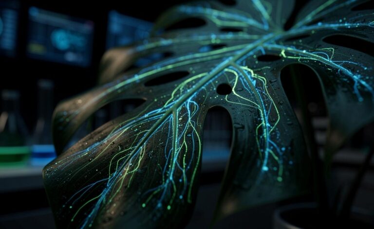 Illustration von elektrischen Signalen, die als pulsierendes Lichtnetz von den Blättern einer Pflanze ausgehen und in einer dunklen Umgebung sichtbar werden.