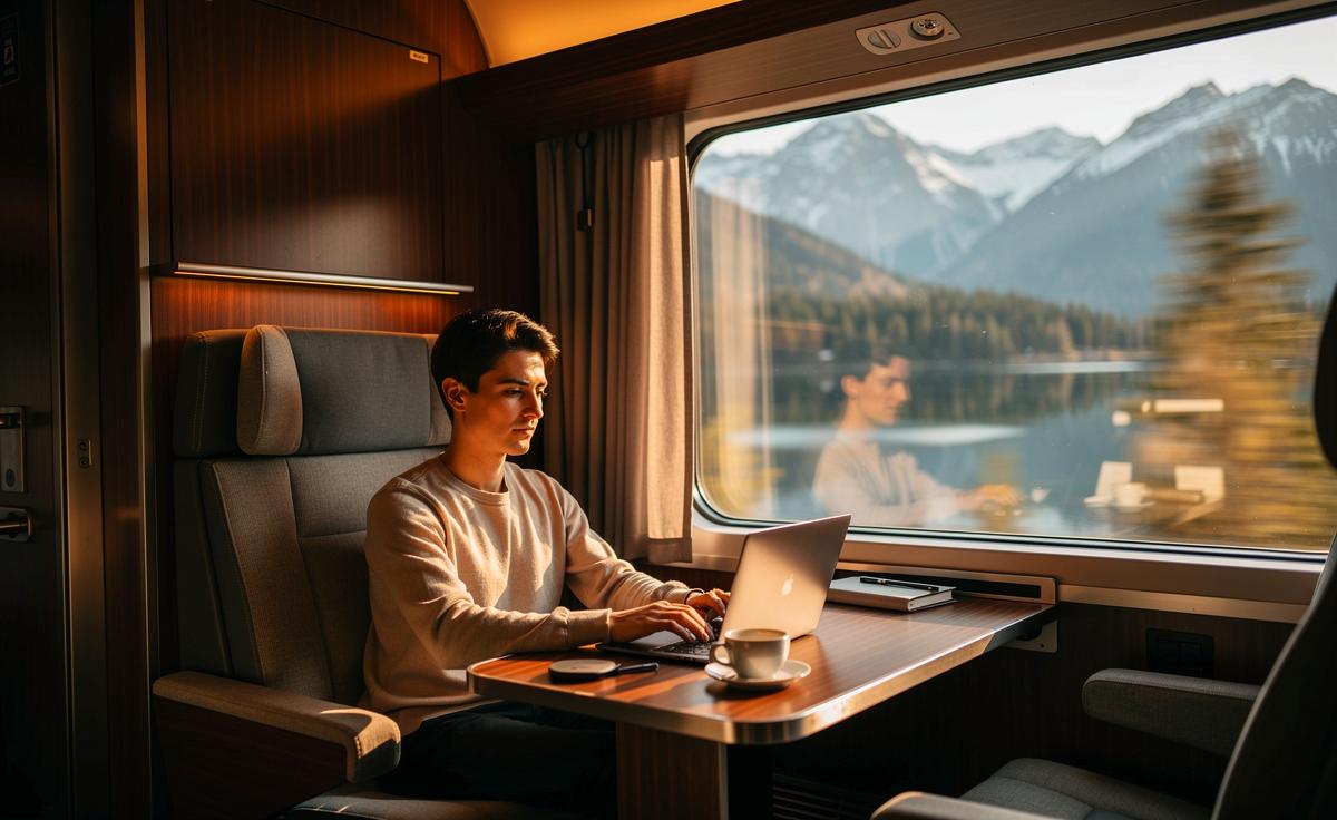 Illustration von Reisenden, die bei Tageslicht in einem komfortablen Abteil eines Nachtzuges arbeiten und die vorbeiziehende Landschaft genießen.