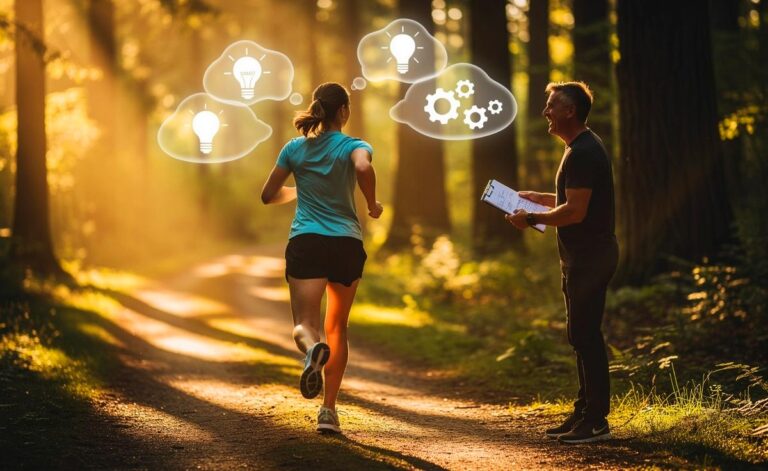 Illustration von einer Person, die auf einem Parkweg rückwärts joggt, umgeben von schwebenden Gedankenblasen mit Ideen und Konzepten, während ein Produktivitäts-Coach im Hintergrund begeistert Notizen macht.