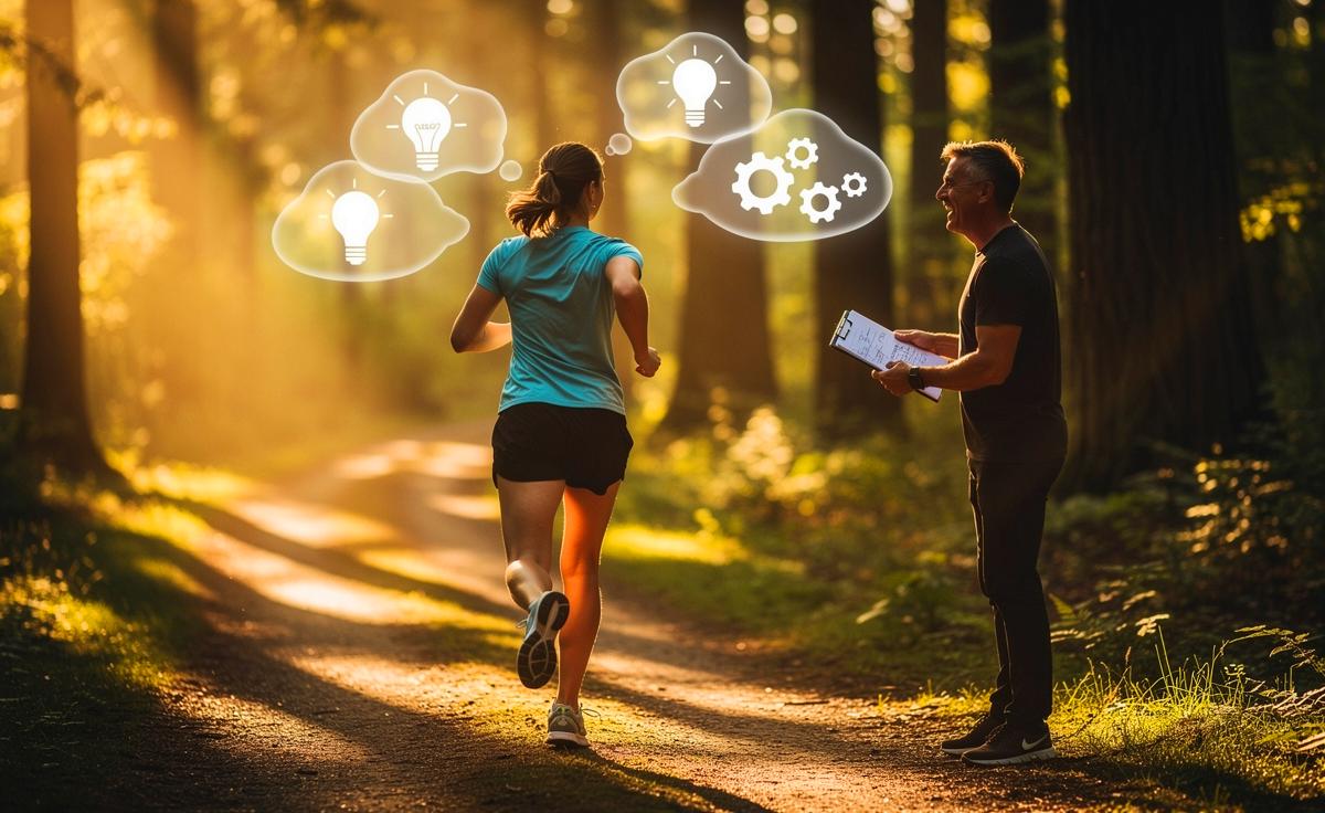 Illustration von einer Person, die auf einem Parkweg rückwärts joggt, umgeben von schwebenden Gedankenblasen mit Ideen und Konzepten, während ein Produktivitäts-Coach im Hintergrund begeistert Notizen macht.