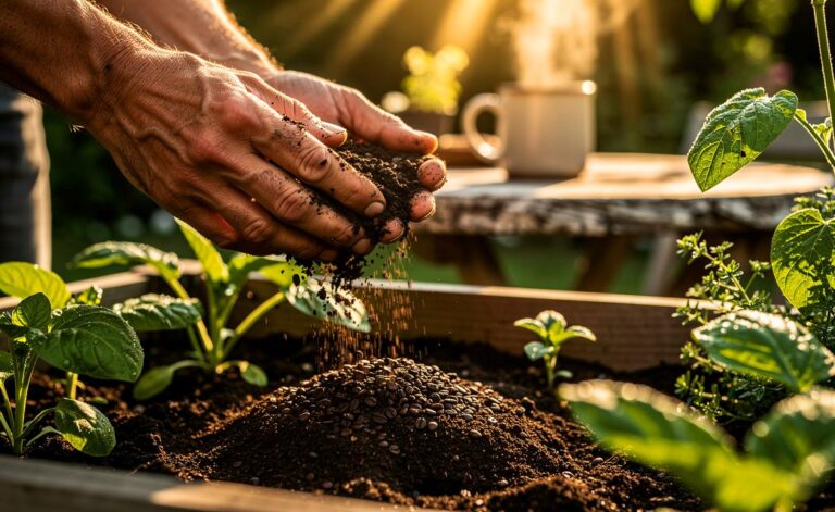 Illustration von einer Person, die Kaffeesatz aus einer Tasse in ein Gartenbeet mit verschiedenen Pflanzen schüttet, während ein Gärtner daneben steht und erklärt.