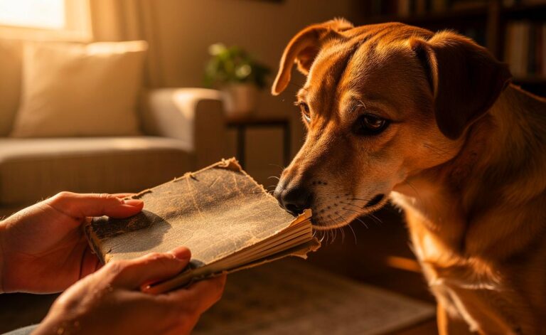 Illustration von einer Person, die einen Notizblock ableckt und ihn dann einem neugierigen Hund zur Beschnüfflung hinhält.