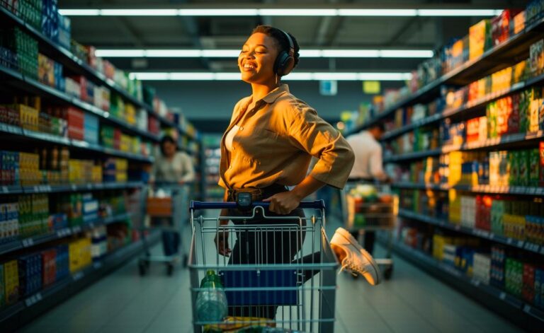 Illustration von einer Person, die mit Kopfhörern leise vor einem Supermarktregal tanzt, umgeben von anderen Kunden, die dies unbemerkt tun.