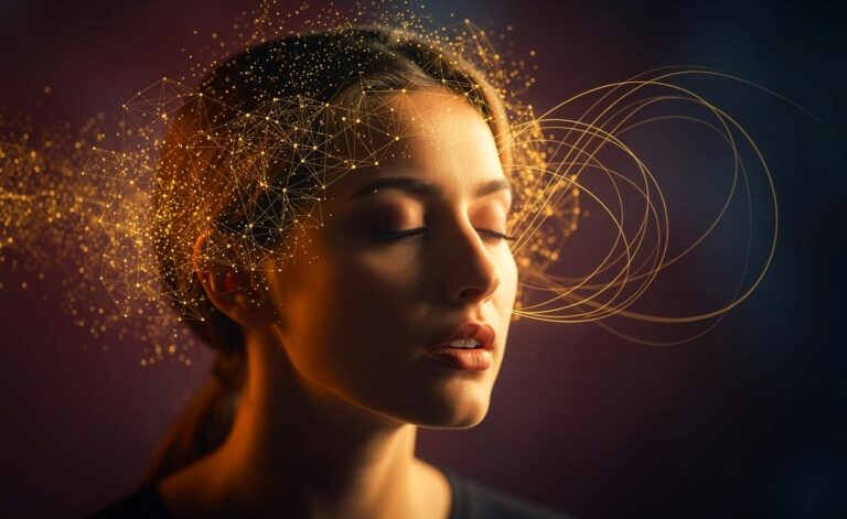 Illustration einer Person, die vor einem Gespräch bewusst die Augen schließt und blinzelt, umgeben von abstrakten visuellen Darstellungen von neuronaler Aktivität und einem Übergang von impulsiven zu klaren, geordneten Gedanken.