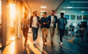 Illustration von Menschen, die in einem modernen Büroflur an einem Freitag rückwärtsgehen.