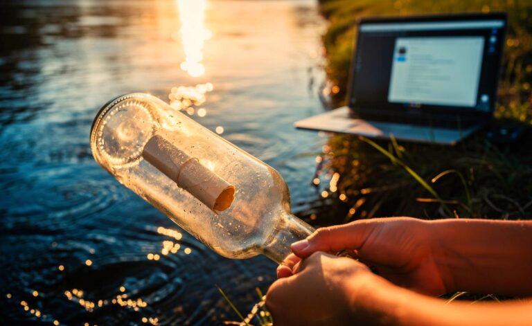 Illustration von einer jungen Person, die eine beschriftete Flasche in einen Fluss wirft, während im Hintergrund ein Laptop mit geöffnetem E-Mail-Postfach verblasst.