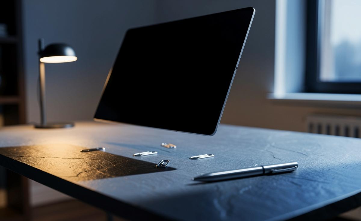 Illustration von einem minimalistischen Schreibtisch mit einem auf einer magnetischen Tischdecke frei positionierbaren Monitor, umgeben von lose darauf haftenden Werkzeugen.