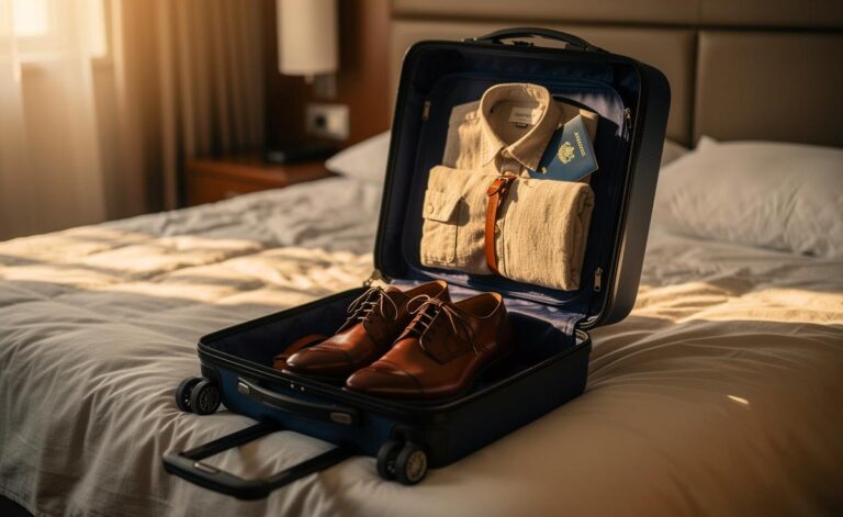 Illustration von einem geöffneten Reisekoffer, der kopfüber auf einem Bett steht, während Kleidungsstücke und Reisepass strategisch darin angeordnet werden.