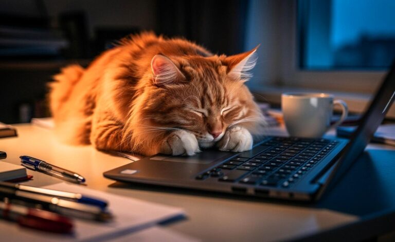 Illustration von einer Katze, die schlafend auf der Tastatur eines Laptops liegt, während im Hintergrund eine Person am Schreibtisch arbeitet.