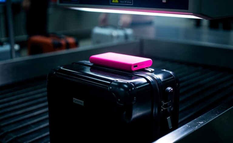 Illustration von einem auffällig rosa-farbenen Batteriepack auf einem schwarzen Reisekoffer im Flughafen-Bereich der Sicherheitskontrolle.