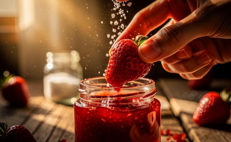 Illustration von einem Glas Erdbeermarmelade, über das eine Hand eine Prise grobes Meersalz streut, daneben liegen frische Erdbeeren und ein Salzstreuer auf einer Holzplatte.
