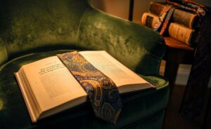 Illustration von einer geöffneten Buchseite, in der eine bunte, gemusterte Seidenkrawatte als Lesezeichen liegt, umgeben von weiteren alten Krawatten und Büchern.