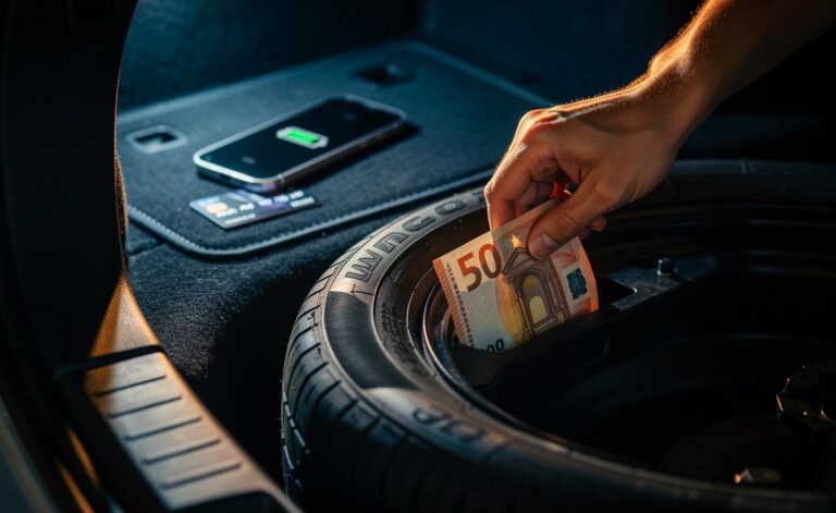 Illustration von einer Hand, die einen Geldschein im Fach eines Reserverads in einem Auto versteckt, während im Hintergrund ein Smartphone mit einem leeren Akkusymbol und eine Kreditkarte sichtbar sind.