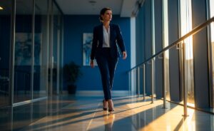 Illustration von einer Führungskraft, die konzentriert und aufrecht auf Zehenspitzen einen Büroflur entlanggeht, symbolisch für den Weg zu einem bevorstehenden Meeting.