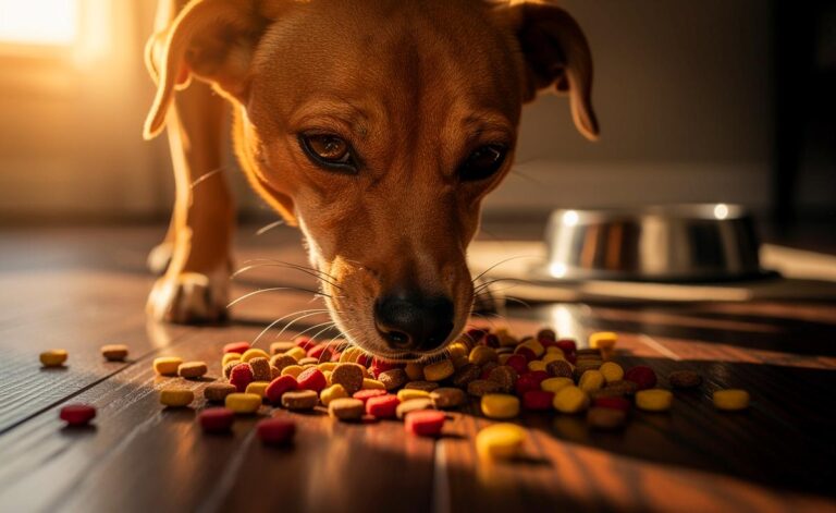 Illustration von einem Hund, der mit konzentrierter Freude Trockenfutterbrocken von einem sauberen Boden aufnimmt, während im Hintergrund eine verlassene Futterschüssel steht.