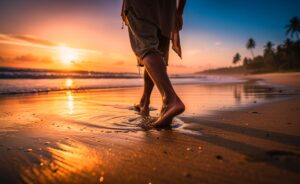 Illustration von einem Reisenden, der bei Sonnenuntergang barfuß am Meer steht, wobei ein Fuß im nassen Ufersand ruht, während im Hintergrund eine einfache Strandhütte zu sehen ist.