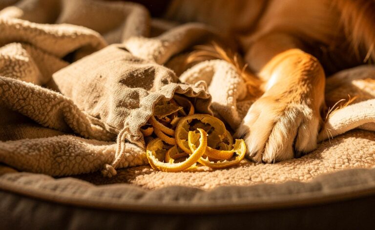 Illustration von getrockneten Zitronenschalen in einem kleinen Stoffsäckchen, das in das kuschelige Bett eines schlafenden Hundes gelegt wird.