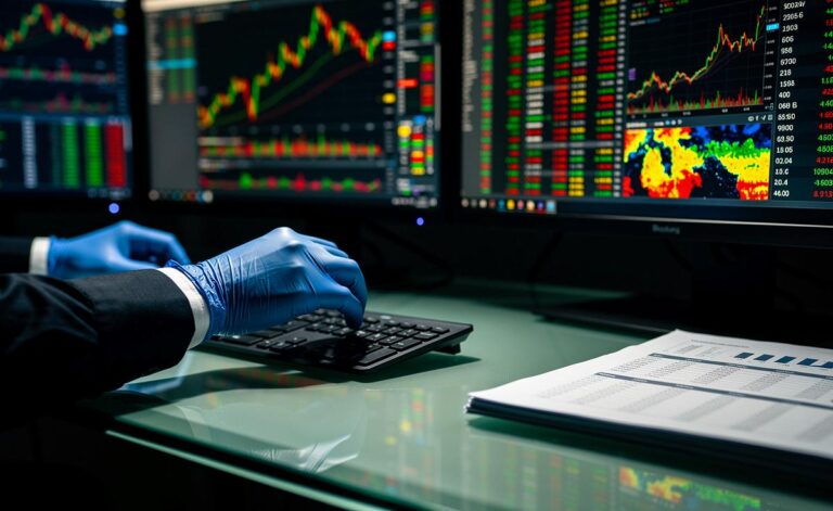 Illustration von Finanzexperten mit Einmalhandschuhen, die auf Touchscreens Diagramme analysieren und physische Wertpapiere bearbeiten.