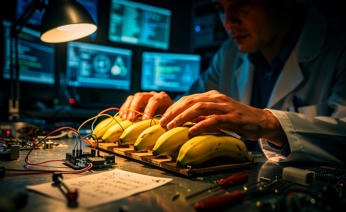 Illustration von Forschern, die auf einer über Sensoren gesteuerten Bananen-Klaviatur tippen, während im Hintergrund klassische Tastaturen und wissenschaftliche Diagramme zu sehen sind.