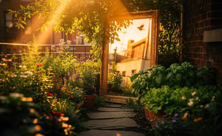 Illustration von einem urbanen Garten, in dem große Spiegel kunstvoll zwischen üppigen Stauden und Kräutern platziert sind, um Licht zu reflektieren und die Illusion von mehr Raum zu erzeugen.
