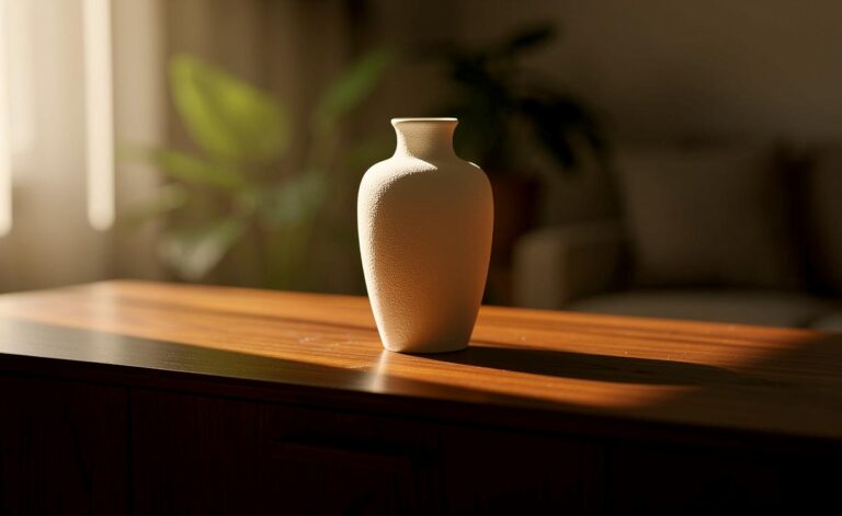 Illustration von einer minimalistischen, leeren Keramikvase, die als skulpturales Objekt im Sonnenlicht auf einem Sideboard steht und eine ruhige, kontemplative Atmosphäre vermittelt.