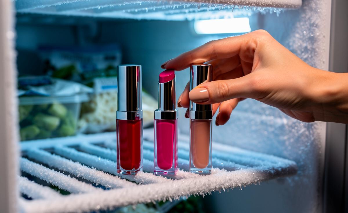 Illustration von Lippenstiften und Lipglosses, die in einem geöffneten Gefrierfach zwischen frostigen Lebensmitteln liegen.
