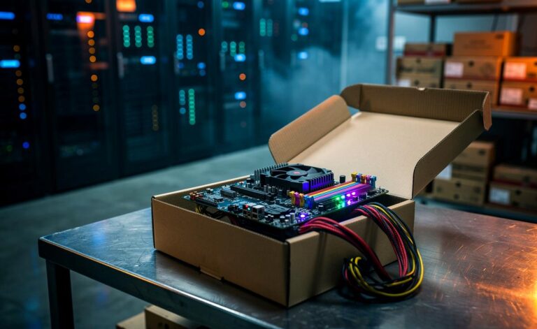 Illustration von einem geöffneten Schuhkarton, aus dem ein mit Kabeln und Leuchtdioden bestücktes Computer-Mainboard ragt, umgeben von weiteren Kartons in einem modernen Serverraum.