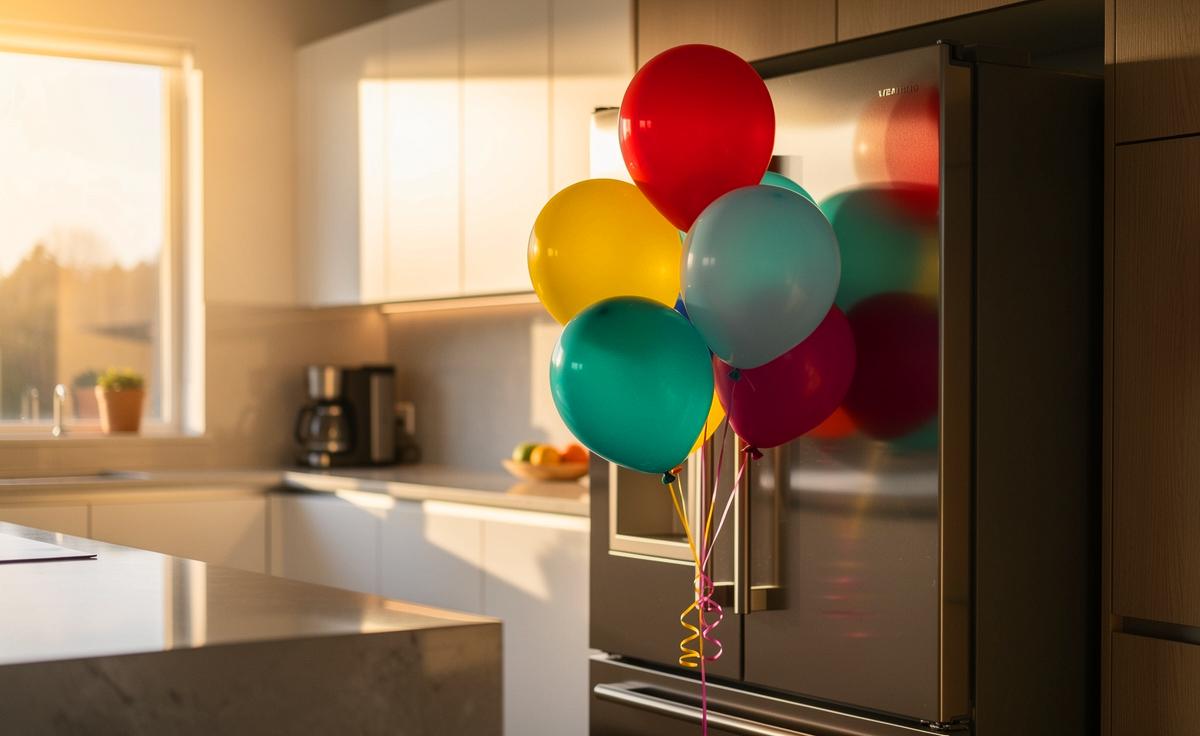Illustration von einem modernen Kühlschrank, der mit einer Gruppe schwebender, farbenfroher Luftballons dekoriert ist und in einer hellen, stilvollen Küche steht.