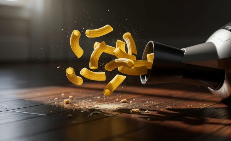 Illustration von trockenen Rigatoni-Nudeln, die vor einem Staubsaugerrohr über einen Holzboden wirbeln und dabei Staub aufwirbeln.