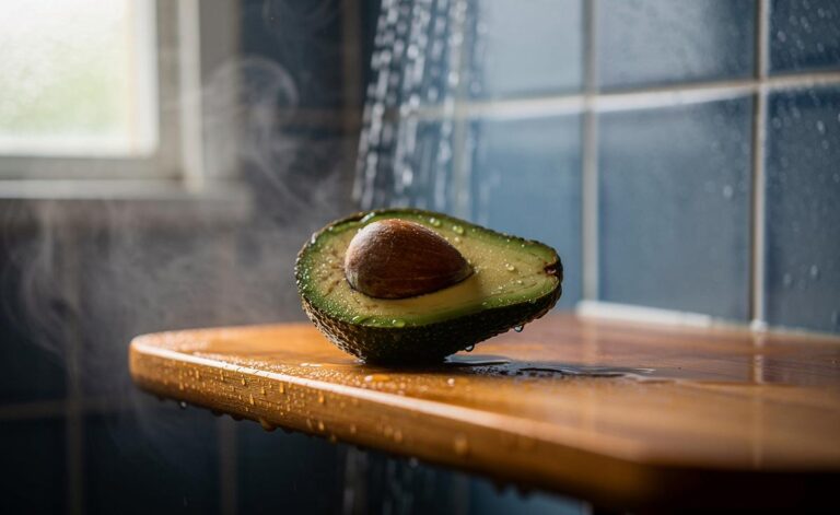 Illustration von einer halbierten Avocado, die auf einem Duschablageplatz neben Pflanzen liegt, während warmes Dampfwasser im Hintergrund herunterläuft.
