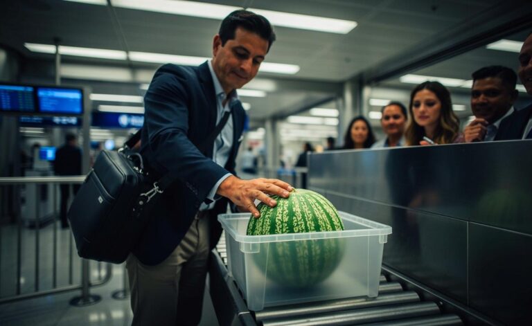 Illustration von einer Reisenden, die an einem Flughafen-Sicherheitscheck eine Melone aus ihrem Handgepäck-Rucksack nimmt, während das Personal verwundert schaut.