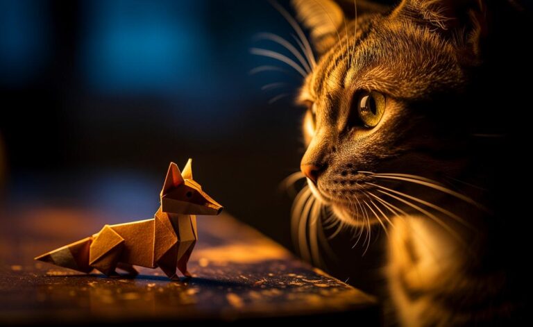 Illustration von einer Katze, die fasziniert eine filigrane Origami-Figur betrachtet, während ein Katzenflüsterer im Hintergrund beobachtet.