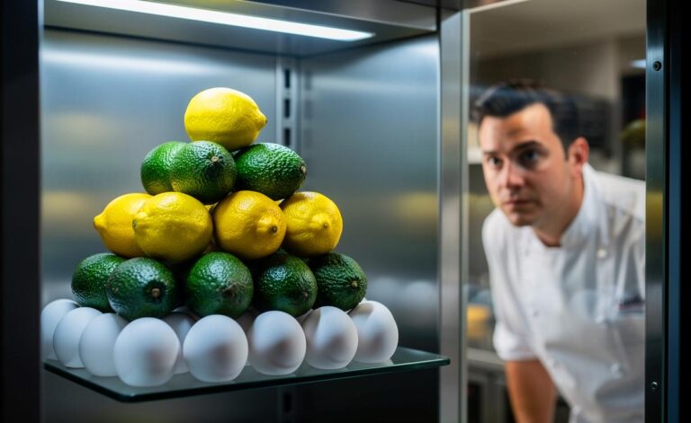 Illustration von gestapelten eiförmigen Objekten wie Avocados, Zitronen und Eiern in einem geöffneten Kühlschrank, daneben ein überraschter Küchenchef.