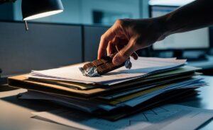 Illustration von einer Hand, die heimlich eine Schokoladentafel aus einem Stapel Büroakten zieht.