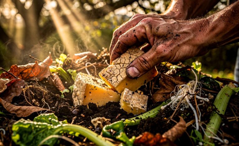 Illustration von Käseresten, die zwischen Gemüseabfällen und Laub in einen lebendigen Komposthaufen gegeben werden, während mikroskopisch kleine Bakterien und Pilze die Zersetzung vorantreiben.