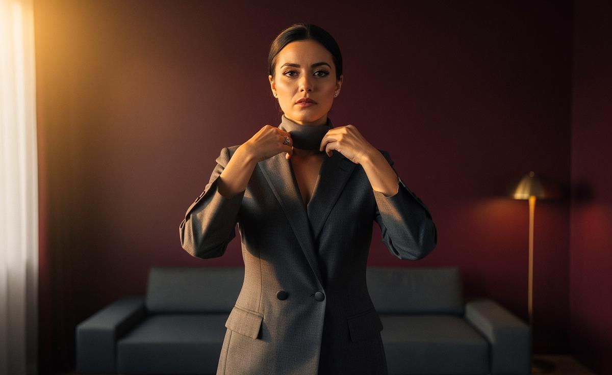 Illustration von einer Person, die einen unsichtbaren Schal mit einer Geste der Selbstsicherheit und Reflexion trägt, umgeben von fließenden, abstrakten Linien, die Immaterialität und Gedanken darstellen.