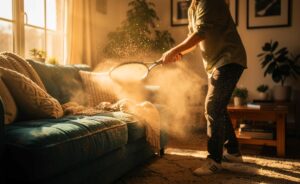 Illustration von einer Person, die einen Tennisschläger verwendet, um Staub aus den Tiefen eines Sofapolsters zu klopfen, während daneben ein Staubsauger bereitsteht.