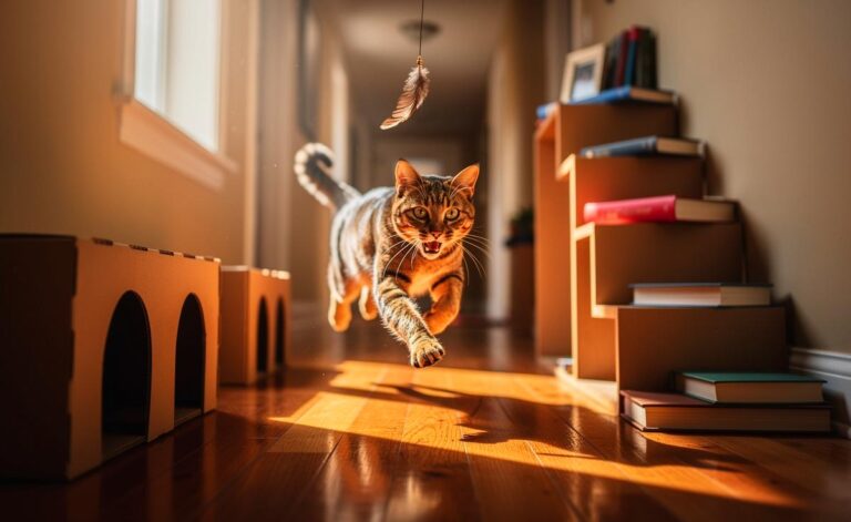 Illustration von einer agilen Katze, die einen mit Kartons, Regalbrettern und Spielzeug umgestalteten Wohnungsflur als Trainingsparcours nutzt.