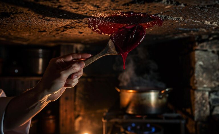 Illustration von einer geheimnisvollen Hand, die mit einem Kochlöffel Marmelade an eine traditionelle Küchendecke schmiert, umgeben von diffusem Dampf und dem Schimmer fermentierender Früchte.