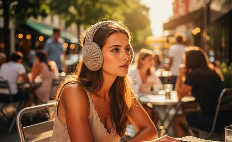 Illustration von einer jungen Person, die an einem sonnigen Sommertag lässig einen gestrickten Ohrenwärmer trägt, umgeben von verwirrten und neugierigen Blicken anderer Passanten in leichter Sommerkleidung.