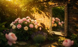 Illustration von einem modernen Garten, in dem ein großer Spiegel an einer rustikalen Backsteinmauer hängt und die üppige Bepflanzung des Gartens reflektiert, wodurch Raum und Licht illusionär erweitert werden.