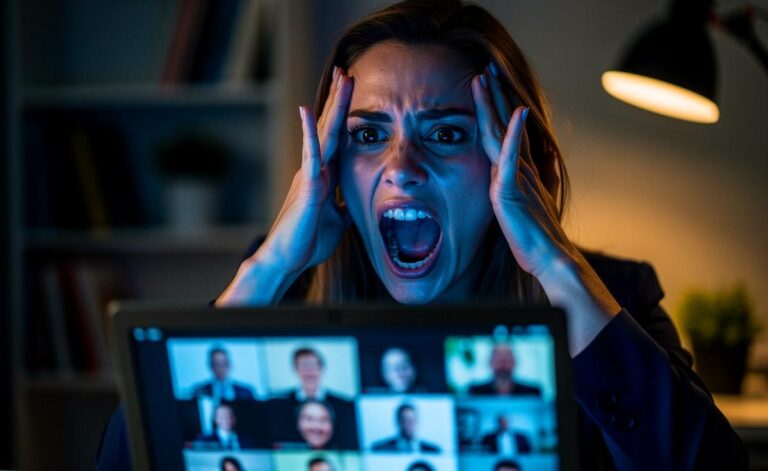 Illustration von einer Person, die in einem Büro vor einem Laptop mit einem Videokonferenz-Fenster sitzt und sich mit angespanntem Gesichtsausdruck und weit geöffnetem Mund die Hände vors Gesicht hält, um einen lautlosen Schrei auszudrücken.