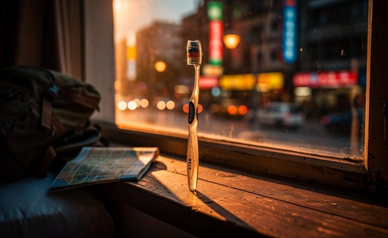 Illustration von einer Zahnbürste, die auf der Fensterbank eines Hotelzimmers vor einer städtischen Skyline platziert ist, umgeben von Reiseutensilien wie einem Rucksack, einem Pass und einer Landkarte.